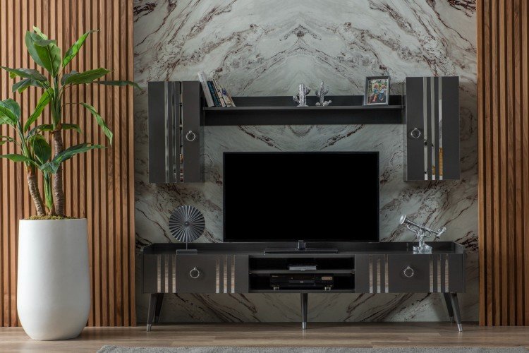 Lotus Tv Ünitesi (Alt Blok +Üst Blok (2)+Raf) (Antrasit Gri)