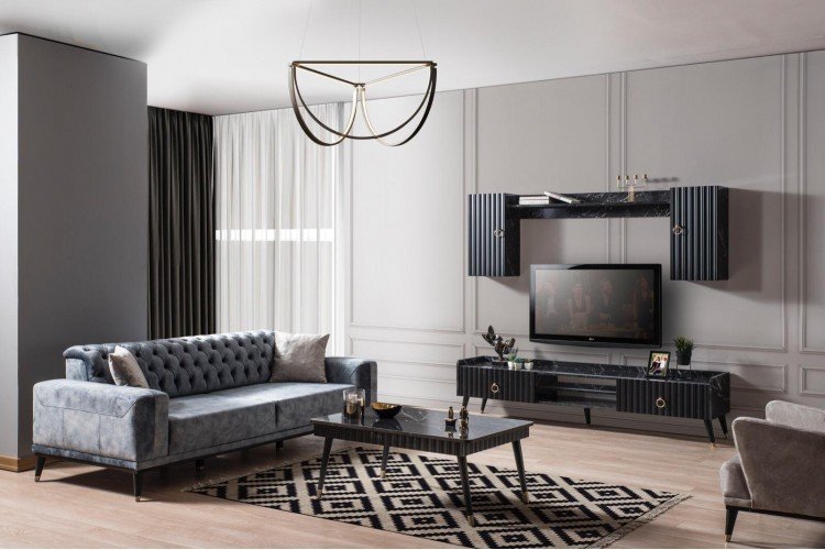 Valor Tv Ünitesi (Alt Blok +Üst Blok (2)+Raf) (Siyah Mermer)