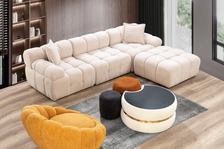 Diamond Köşe Koltuk Takımı Döner Berjer ve 3'lü Puf Sehpalı