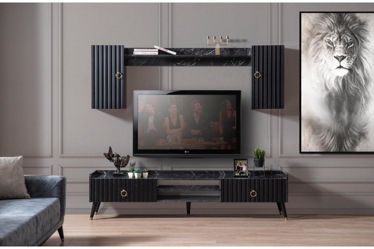 Valor Tv Ünitesi (Alt Blok +Üst Blok (2)+Raf) (Siyah Mermer)