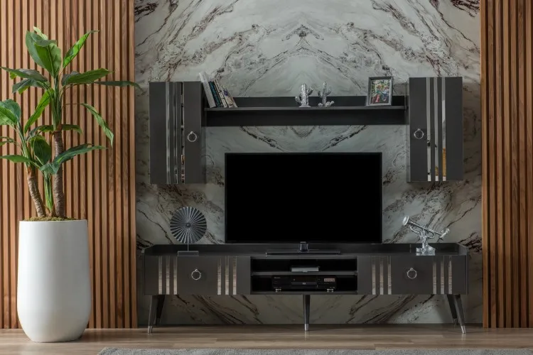 Lotus Tv Ünitesi (Alt Blok +Üst Blok (2)+Raf) (Antrasit Gri)