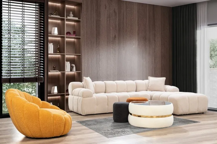 Diamond Köşe Koltuk Takımı Döner Berjer ve 3'lü Puf Sehpalı